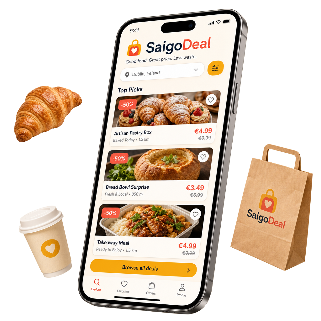 SaigoDeal mobile app showing discounted food deals from local restaurants and bakeries